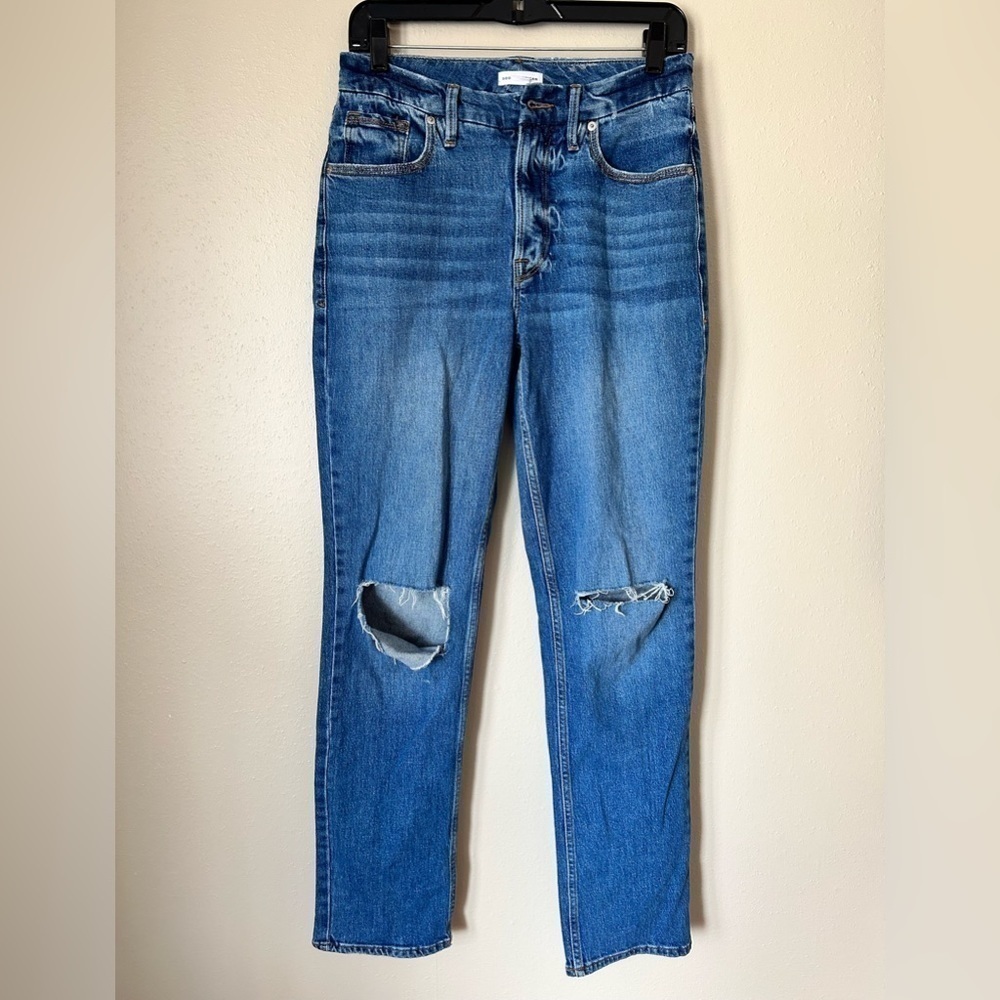 Good American | Medium wash high rise skinny jeans distressed flaw 4/27